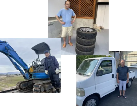 重機、タイヤ、軽トラックの写真